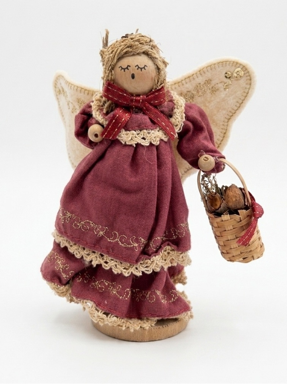 Vintage Folk Art Angel Figurine Wooden Head Burgundy Dress Pinecone Basket 6"